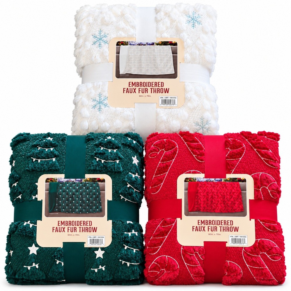 Costco Christmas Faux Fur Throw Blanket Set of 3 Snowflake Tree Candy Cane NWT